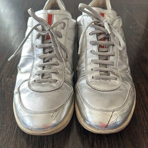 Prada Men's Silver Sneakers with Red Accent